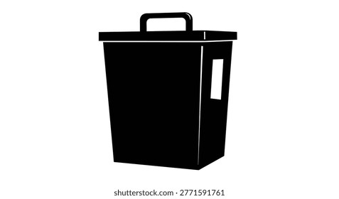 A black silhouette of a trash can with a handle and side panel, set against a white background. The design is simple and minimalistic.