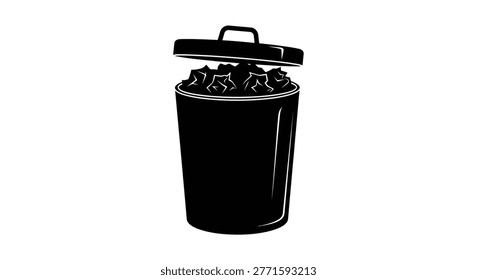 a black silhouette of a trash can with an open lid filled with crumpled paper, depicted in a minimalist vector style against a white background.