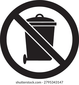 Black silhouette of a trash can with wheels and a lid inside a red crossed-out circle. This symbol indicates that littering or disposing of waste is prohibited in this area.
