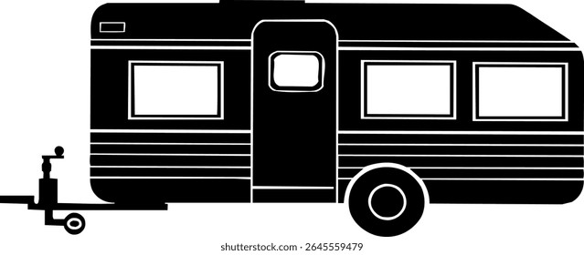 black silhouette of a travel trailer or camper against a white background, The trailer body features several windows: a smaller window above the centrally located door, and two windows on each side 