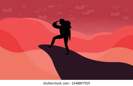The black silhouette of a traveler or explorer standing on top of a mountain or cliff and looking straight.  Trendy flat illustration concept of discovery, exploration, hiking, adventure tourism