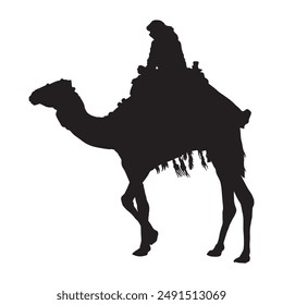 A black silhouette of a traveler riding camel ,camel silhouette vector.

