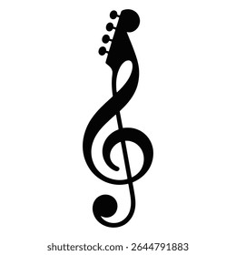 Black silhouette of a treble clef incorporating a guitar headstock design on a white background simple graphic style