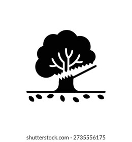Black silhouette of tree being cut down with axe environment destruction concept