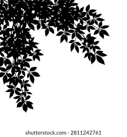 Black silhouette of a tree branch with leaves against a plain white background, emphasizing natural shapes and organic patterns.