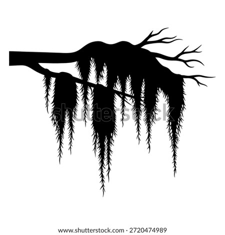 A black silhouette of a tree branch with long, flowing strands of Spanish moss hanging down.