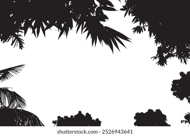 black silhouette of tree branches and leaves hand-drawn vector
