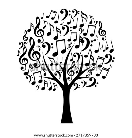 A black silhouette of a tree with its canopy composed entirely of various musical notes and clefs, symbolizing the harmony of nature and music.