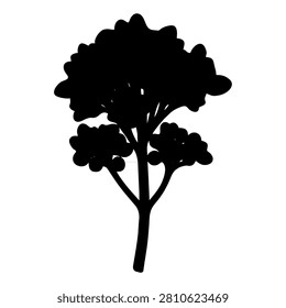 A black silhouette of a tree with dense foliage and a sturdy trunk, emphasizing natural beauty and organic shapes.