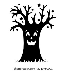 Black silhouette tree. Design element. Halloween theme. Vector illustration isolated on white background. Template for books, stickers, posters, cards, clothes.