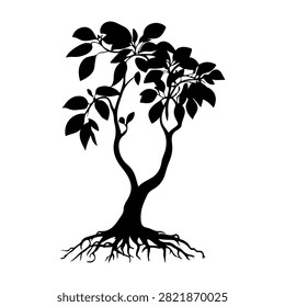 A black silhouette of a tree with detailed roots and leafy branches, emphasizing natural growth and stability in a minimalistic style.