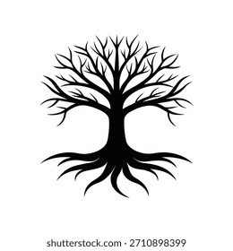 Black silhouette of a tree, displaying bare branches and strong, visible roots, symbolizing life and growth.