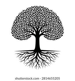 Black silhouette of a tree with extensive roots and leafy canopy on white background