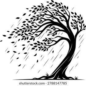 Black silhouette tree with falling leaves