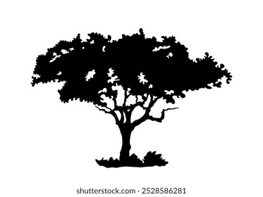 Black Silhouette of tree. Forest plant with foliage. Nature and environment, ecosystem. Beautiful landscape. Logo and emblem. Flat vector illustration isolated on white background