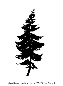 Silueta negra del árbol. Planta forestal con ramas con follaje. Ecosistema y flora. Naturaleza y Medio Ambiente. Exuberante abeto conífero. Ilustración vectorial plana aislada sobre fondo blanco