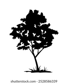 Black Silhouette of tree. Forest plant with branches with foliage. Nature and environment, ecosystem. Logo and emblem. Branding and artwork. Flat vector illustration isolated on white background