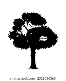 Black Silhouette of tree. Forest plant with branches with foliage. Nature and environment. Garden and landscape. Branding and artwork. Flat vector illustration isolated on white background