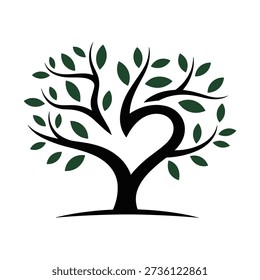 A black silhouette of a tree with green leaves forming a heart shape in the center, set against a pure white background, creating a symbolic and visually striking image.