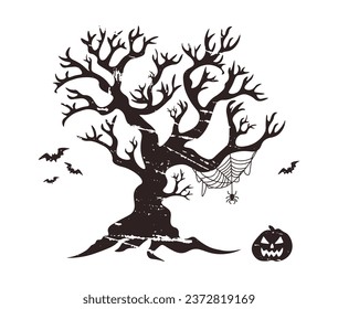 Black silhouette of tree with grunge texture. Pumpkin, spider and bats.  Vector Halloween illustration. Isolated illustration on white background.