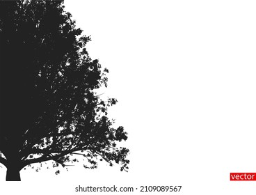 Black silhouette of the tree is isolated on a white background. Black and white corner pattern. Banner with copy space. Design element for flyer, cover, poster. Vector