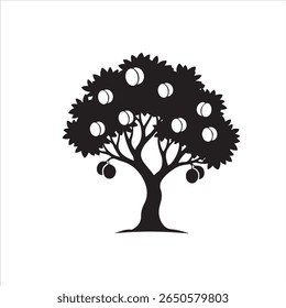 A black silhouette of a tree laden with ripe round fruits stands against a white background.