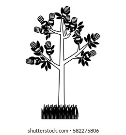 black silhouette tree leafy with grass vector illustration