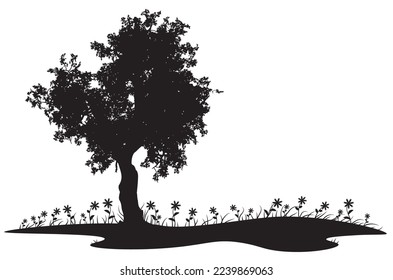 Black silhouette of tree with leaves and grass with flowers illustration.