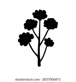 A black silhouette of a tree with multiple branches and cloud-shaped foliage, set against a plain white background, emphasizing natural form and structure.