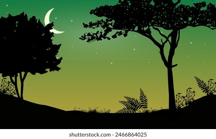 Black silhouette of tree at night sky with stars and moon