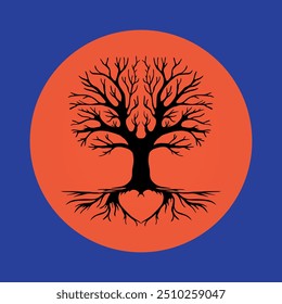 Black silhouette of a tree with no leaves and heart-shaped roots in an orange circle. The tree of life. Vector on a blue background.
