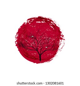 Black silhouette of a tree on the background of a large red circle. 
Japanese motives. Vector illustration.