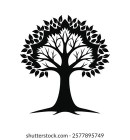 A black silhouette tree on a white background