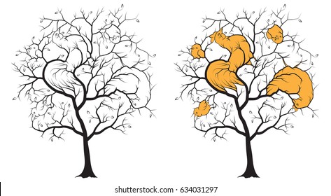 Black silhouette of a tree on a white background, among the branches hidden contours of a rooster, a hen and three chickens. Riddle with 

the answer.