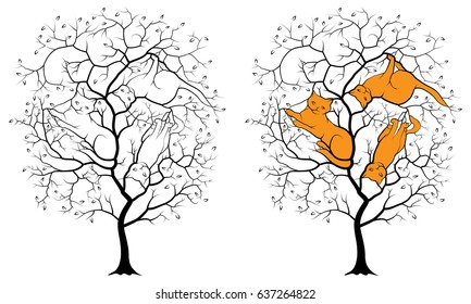 Black silhouette of a tree on a white background, among the branches hidden contours of three cats. Riddle with the answer.