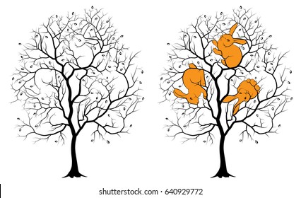 A black silhouette of a tree on a white background, among the branches, the contours of three rabbits are hidden. Riddle with the answer.