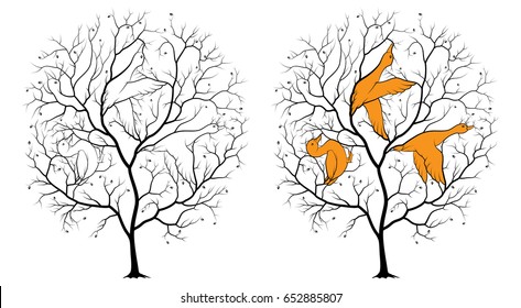 Black silhouette of a tree on a white background, among the branches are hidden contours of three ducks. Riddle with the 

answer.
