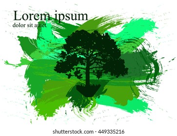 Black silhouette of tree with patches of paint.  Green splashes.