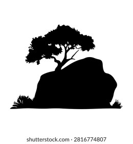 Black silhouette of a tree perched on a rocky outcrop, emphasizing natural landscape and solitary growth in a minimalistic style.