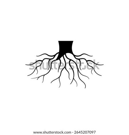 Black silhouette of tree roots on a white background. Minimalist vector icon representing foundation, growth, nature, stability, and underground systems.