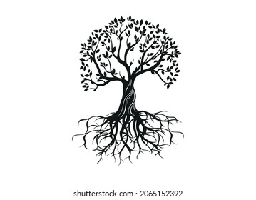 Black silhouette tree with roots. Tree with roots, vector illustration.