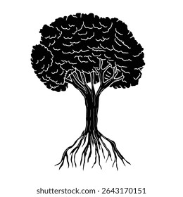 Black silhouette tree with roots vector. Hand drawn solid black nature symbol illustration
