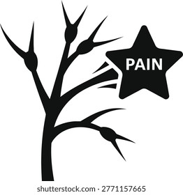 A black silhouette of a tree with sharp thorns and a star shape containing the word pain in white text on a pure white background