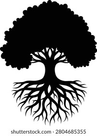 Black silhouette of a tree with sprawling roots and foliage