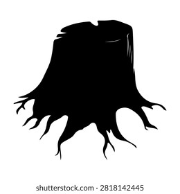 A black silhouette of a tree stump with detailed roots and textured bark, isolated on a white background, emphasizing natural wood features.