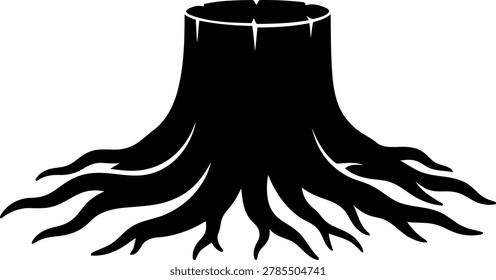 Black silhouette of a tree stump with exposed roots isolated on a white background for forestry and nature designs.