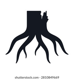A black silhouette of a tree stump with long roots on a white background, symbolizing nature and decay