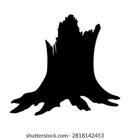 A black silhouette of a tree stump with roots, isolated on a white background, emphasizing natural decay and forest remnants.