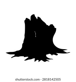 A black silhouette of a tree stump with roots, showcasing detailed bark texture and natural form, isolated on a white background.