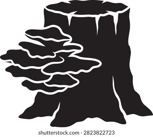 A black silhouette of a tree stump with shelf mushrooms or bracket fungi growing on the side, isolated on a white background, for nature